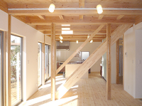 リビング入口付近から見た1階です。デコスドライ断熱工法+基礎断熱で内・外を分断しています。壁+天井(現し以外)は全部珪藻土ぬり壁仕上げです。